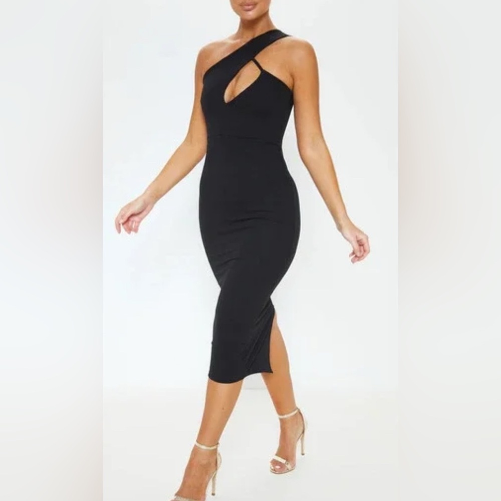 PrettyLittleThing Women's Black One Shoulder Asymmetric Neck Midi Dress. NWT
